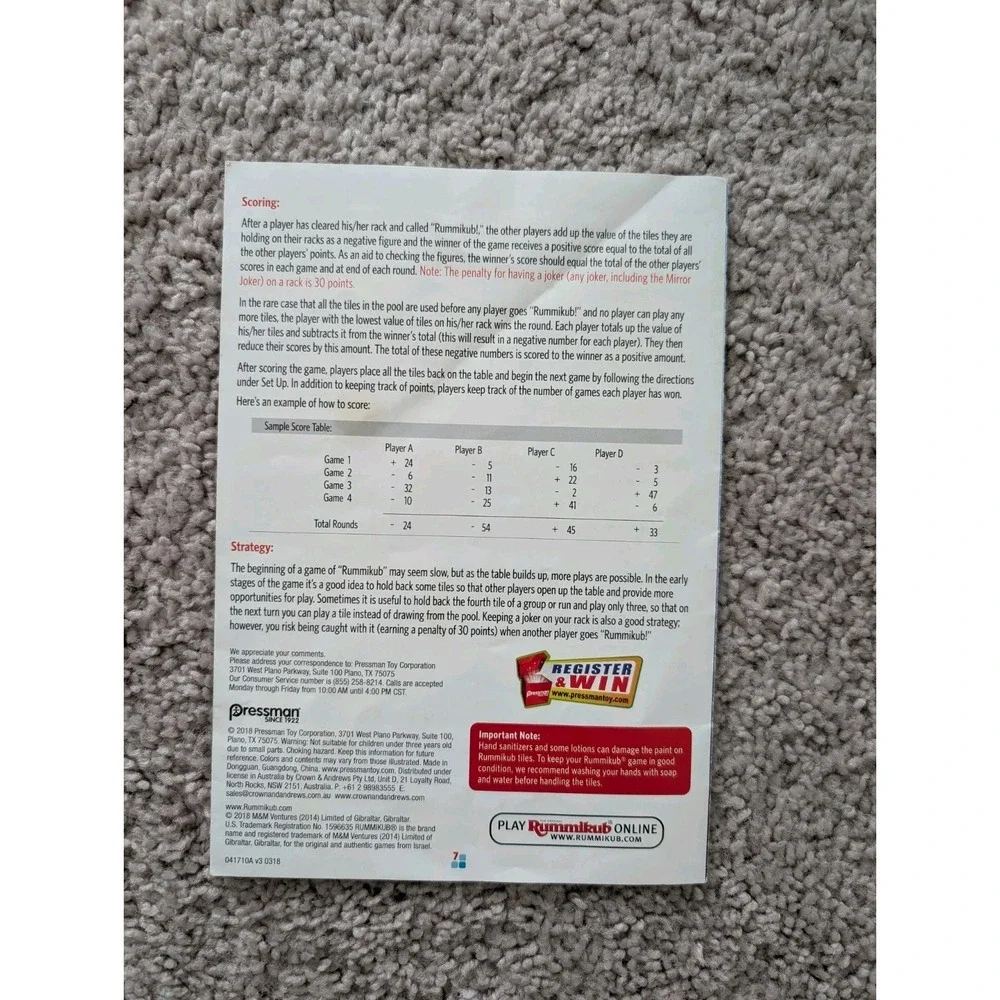 2018 Rummikub Replacement Instruction Manual